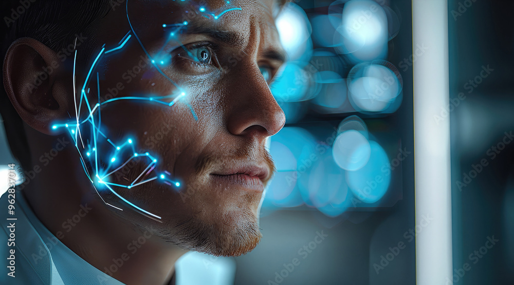 Obraz premium A doctor who is half human and half hologram. intended to draw emotional attention to the connection between human and artificial intelligence. Generative AI.