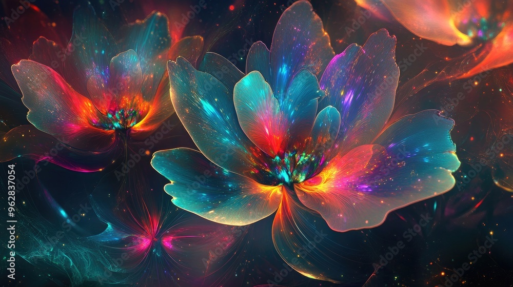 Obraz premium Dreamlike abstract flowers with vibrant rainbow hues and luminous petal shapes, glowing ethereally against a dark background