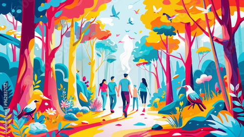 Vibrant Forest Walk with Colorful Flora and Fauna Illustration