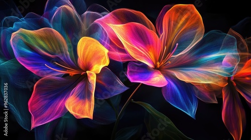 Dreamlike abstract flowers with vibrant rainbow hues and luminous petal shapes, glowing ethereally against a dark background