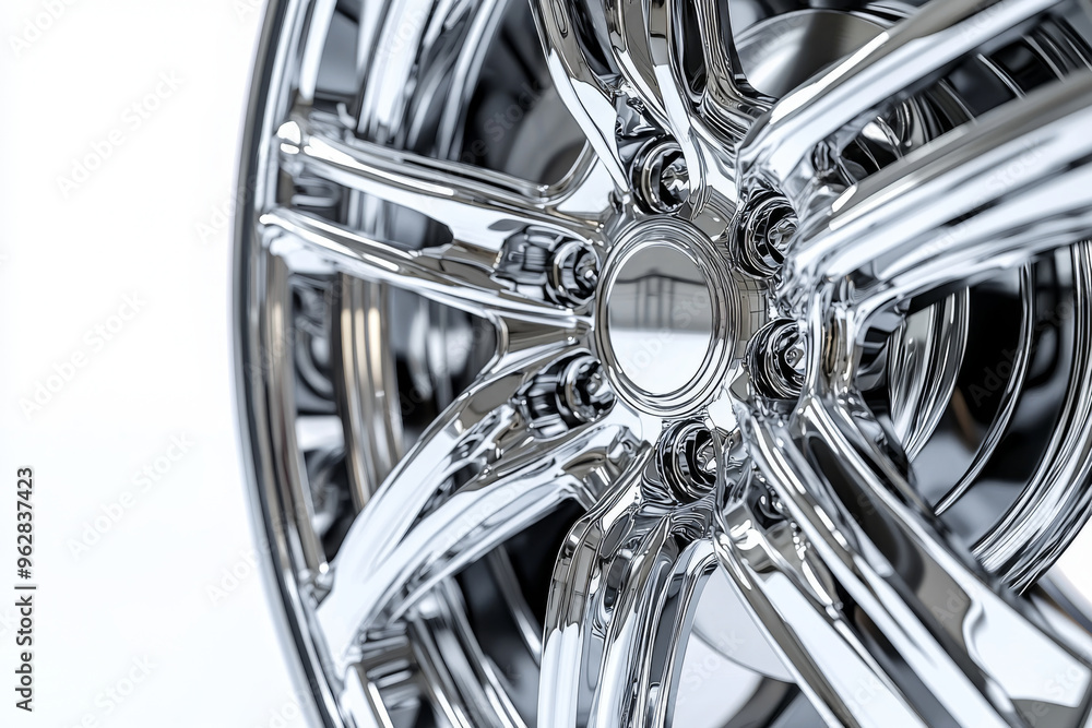 A close-up of a polished chrome car wheel showcasing intricate design and craftsmanship. A close-up of a polished chrome car wheel showcasing intricate design and craftsmanship.