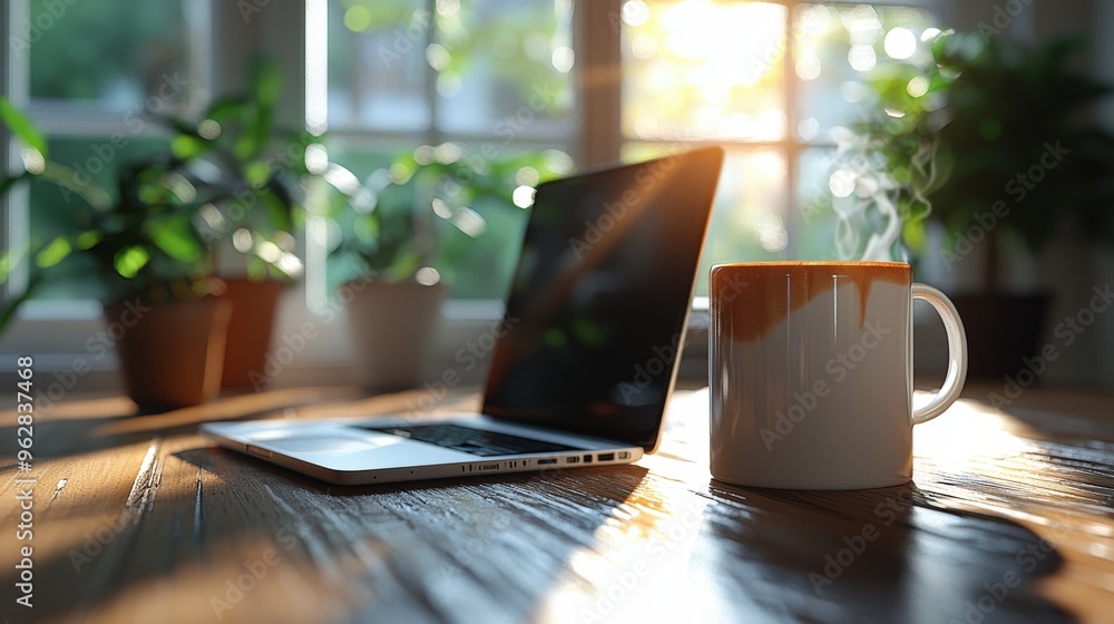 Ultra-realistic coffee and laptop desk setup, close-up of coffee mug with laptop, detailed textures, natural light, high-definition clarity, warm professional ambiance, soft focus background Ultra-realistic coffee and laptop desk setup, close-up of coffee mug with laptop, detailed textures, natural light, high-definition clarity, warm professional ambiance, soft focus background