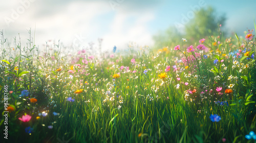 lush green grass field dotted with colorful wildflowers, creating a vibrant natural background photo