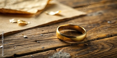 A solo gold wedding band lies abandoned on a worn wooden table, surrounded by scattered papers and a faint hint of a broken union's remnants. photo