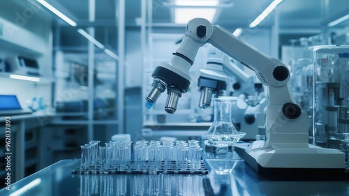 Biotechnology lab equipped with robotic systems for drug discovery and genetic research