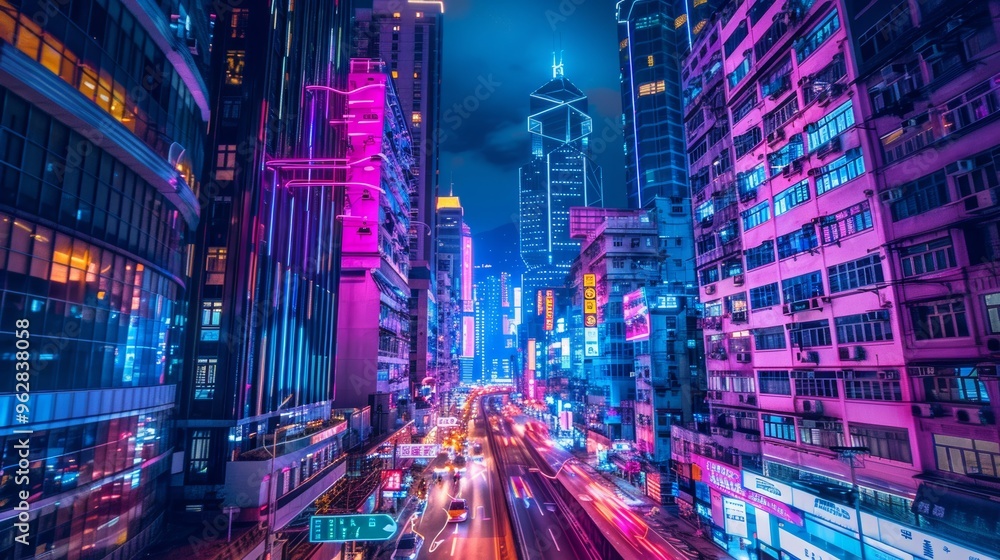 Obraz premium A futuristic cityscape at night, illuminated with neon lights, shows advanced urban development and smart city technology.