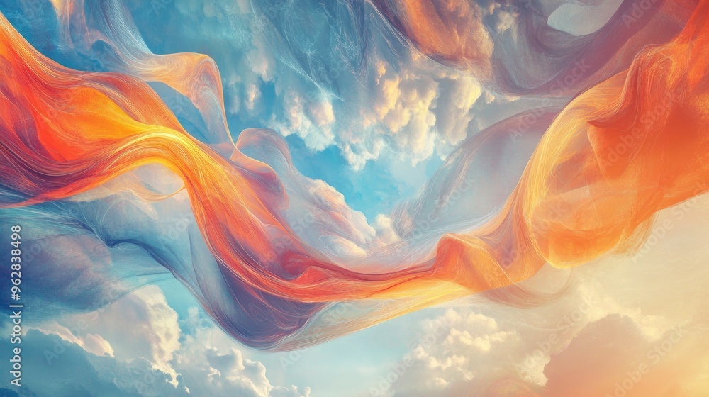 Fototapeta premium Flowing abstract design representing freedom and joy, with dynamic lines placed on a lush naturalistic background of open skies