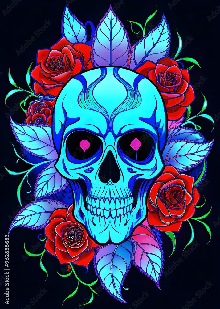 Fototapeta premium Vibrant Blue Skull Surrounded by Bold Red Roses Colorful Leaves Art Design