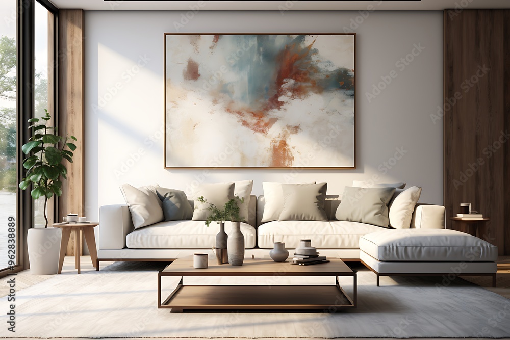 Minimalistic living room interior with wooden walls, wooden floor, white sofa and coffee table. 3d rendering Minimalistic living room interior with wooden walls, wooden floor, white sofa and coffee table. 3d rendering