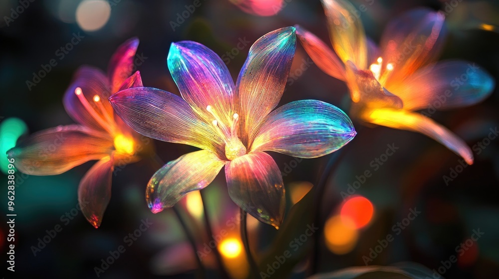Glowing rainbow-colored flowers with luminous petals and ethereal light effects, creating a dreamlike scene on a dark backdrop Glowing rainbow-colored flowers with luminous petals and ethereal light effects, creating a dreamlike scene on a dark backdrop