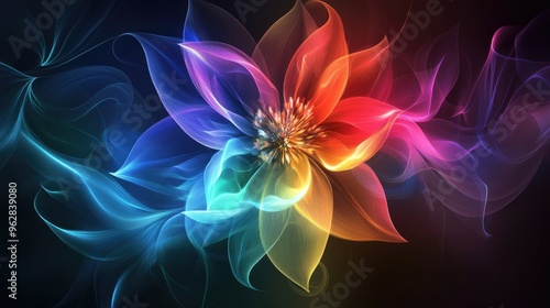 Mesmerizing rainbow-hued abstract flowers with glowing petals, radiating ethereal light effects on a dark dreamlike background