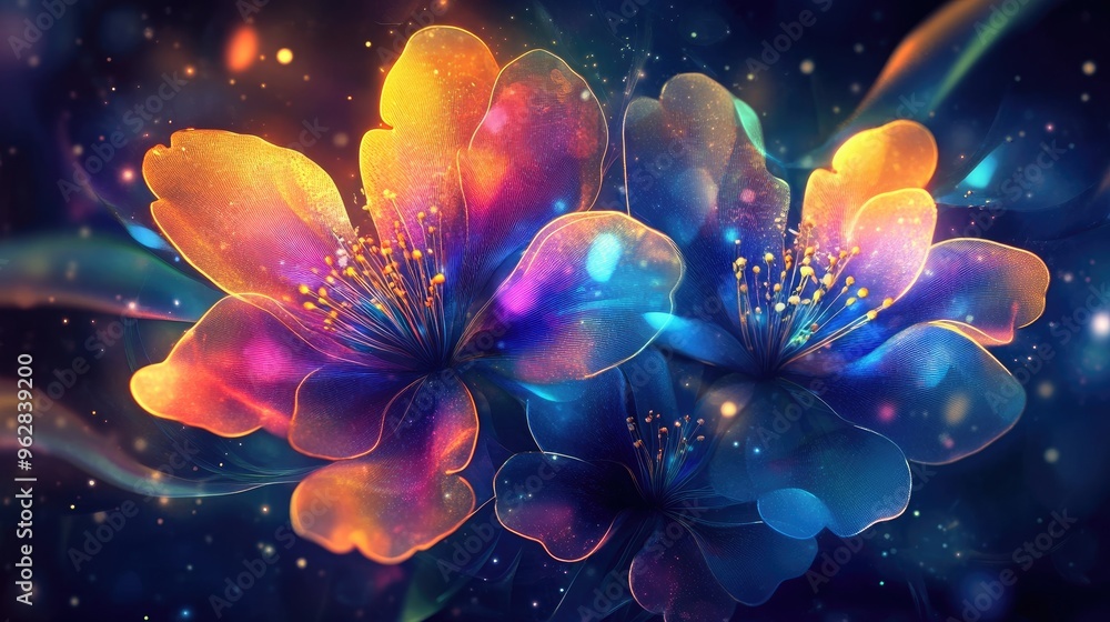 Obraz premium Radiant abstract flowers with rainbow hues and glowing petals, set on a dark background with ethereal light effects, exuding dreamlike beauty
