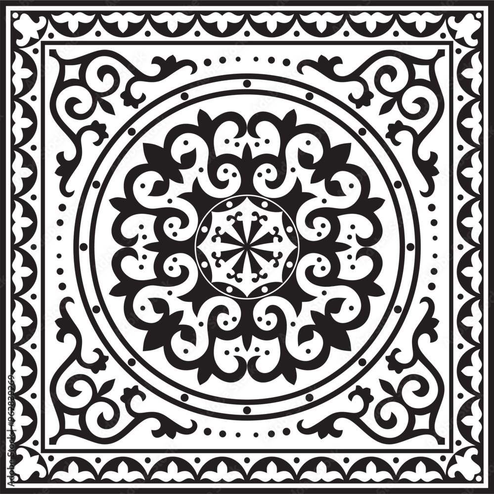 Vector black monochrome square Kazakh national ornament. Ethnic pattern of the peoples of the Great Steppe, Vector black monochrome square Kazakh national ornament. Ethnic pattern of the peoples of the Great Steppe,