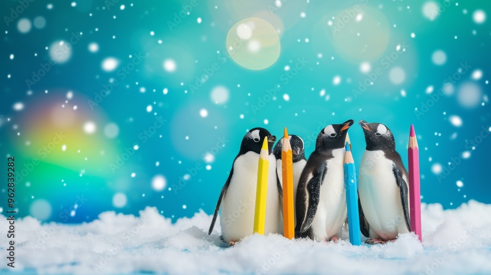 Obraz premium Four penguins standing on snow, each holding a vibrant colored pencil. The whimsical scene is set against a dreamy, bokeh-filled blue sky, creating a playful and imaginative atmosphere.