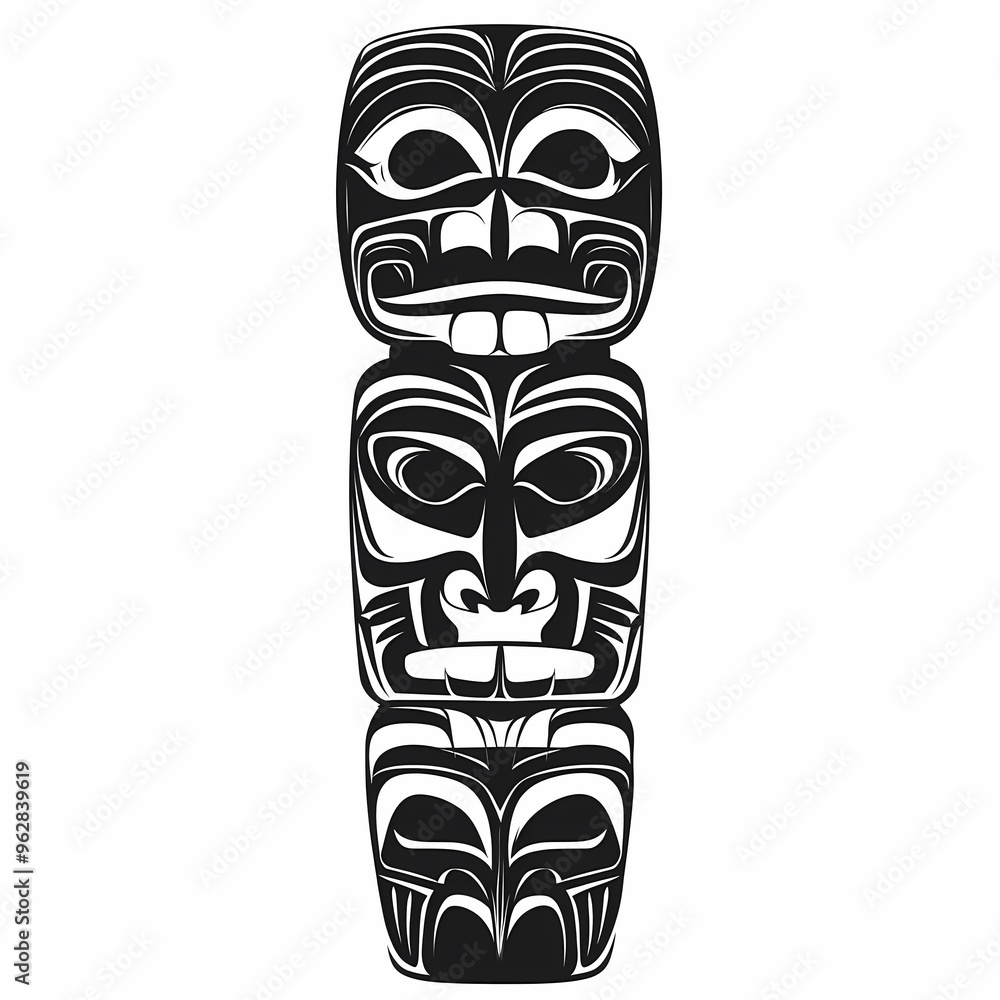 A black and white illustration of a traditional totem pole with three faces carved into it. A black and white illustration of a traditional totem pole with three faces carved into it.
