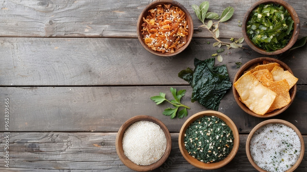 A rustic wooden table laden with a variety of seaweed snacks. A rustic wooden table laden with a variety of seaweed snacks.
