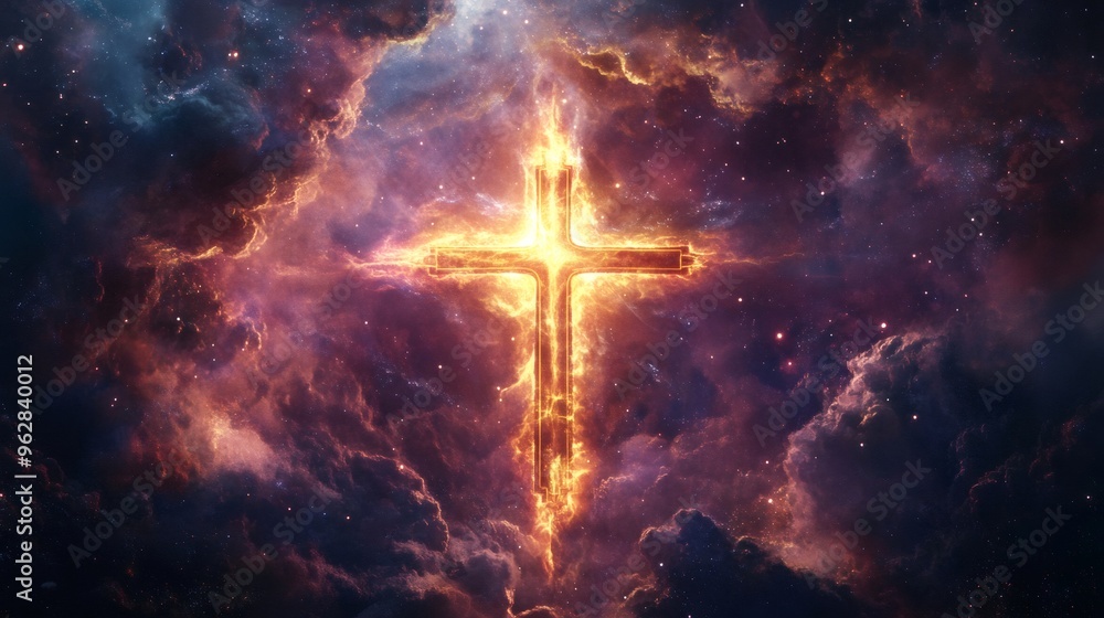 A glowing cross in a cosmic nebula with stars. A glowing cross in a cosmic nebula with stars.