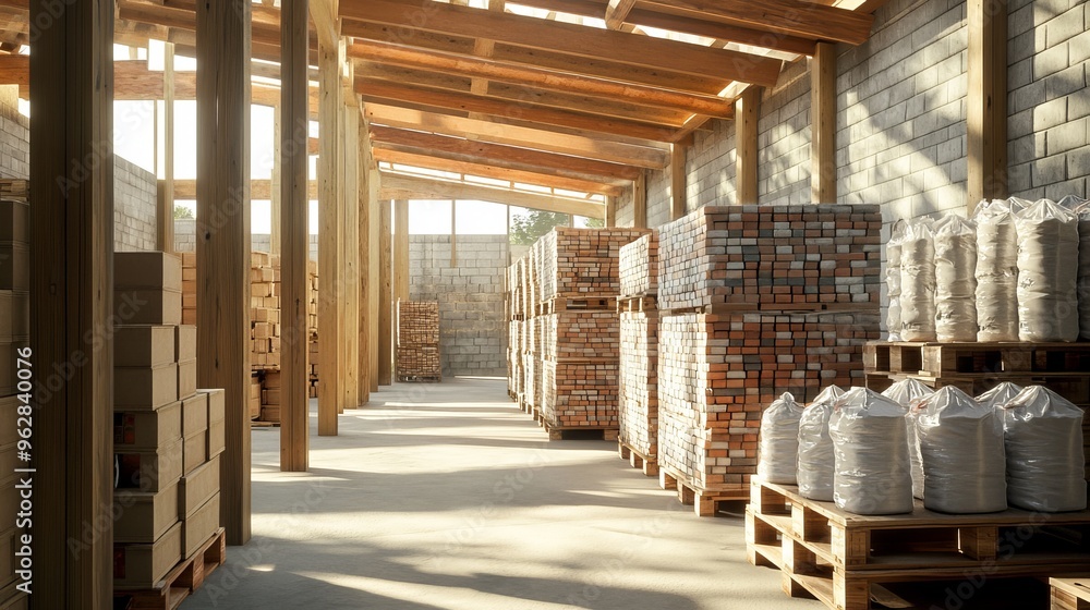 a covered storage area at a construction site, with neatly stacked pallets of bricks, bags of cement, and wooden beams a covered storage area at a construction site, with neatly stacked pallets of bricks, bags of cement, and wooden beams