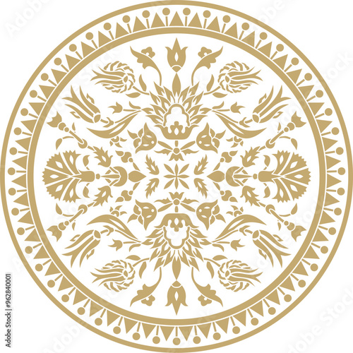 Vector golden round Turkish ornament. Ottoman circle, ring, frame.