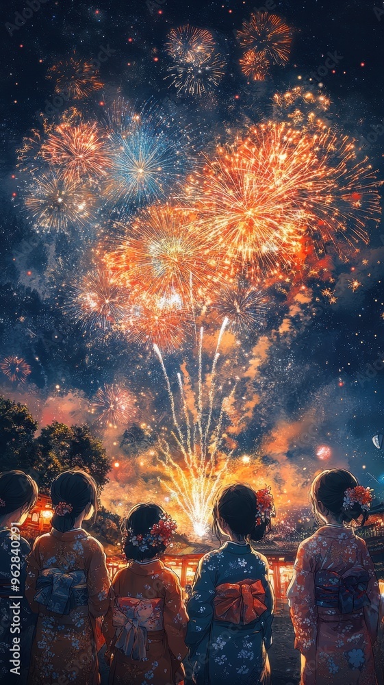 Young Asian Japanese women in traditional Yukata dress with fireworks bursting in night sky the background in Kyoto,Tokyo during full bloom cherry blossom season,date time. Young Asian Japanese women in traditional Yukata dress with fireworks bursting in night sky the background in Kyoto,Tokyo during full bloom cherry blossom season,date time.