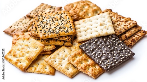 Assorted crackers on white background, ready to serve