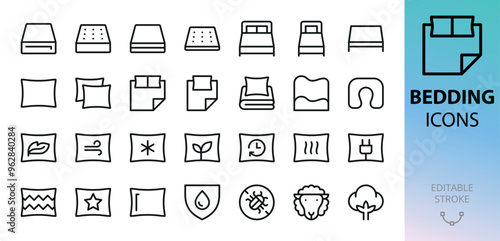 Bedding isolated icons set. Set of orthopedic mattress, double bed, bed base, bed linen, memory foam pillow, decorative pillows, pillowcase, mattress topper vector icon with editable stroke