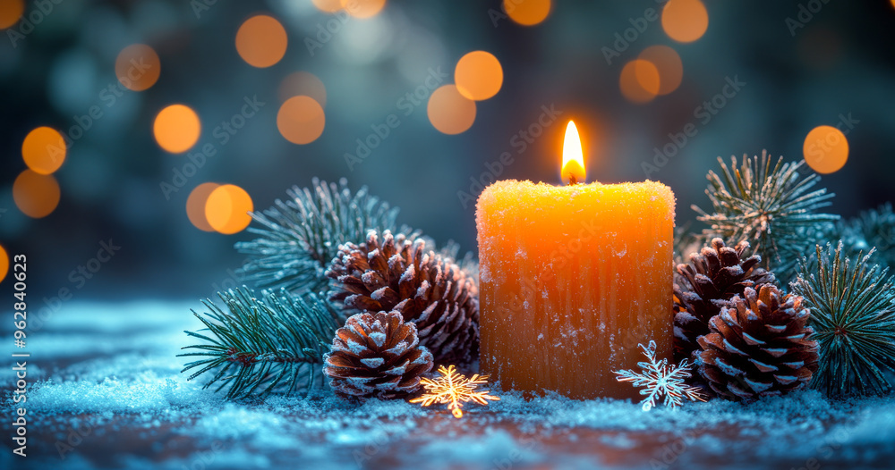 A candle is lit on a table with pine cones and snowflakes. The scene is warm and cozy, evoking a sense of comfort and relaxation A candle is lit on a table with pine cones and snowflakes. The scene is warm and cozy, evoking a sense of comfort and relaxation
