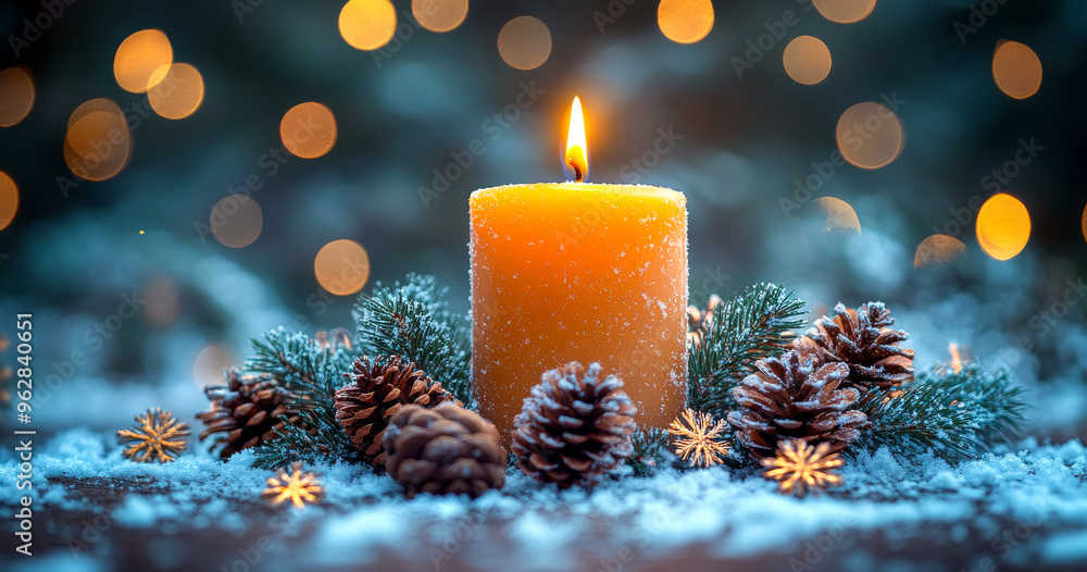 A candle is lit on a table with pine cones and snow. The scene is warm and cozy, with the candle providing a soft glow that illuminates the pine cones and snow. Concept of comfort and relaxation A candle is lit on a table with pine cones and snow. The scene is warm and cozy, with the candle providing a soft glow that illuminates the pine cones and snow. Concept of comfort and relaxation