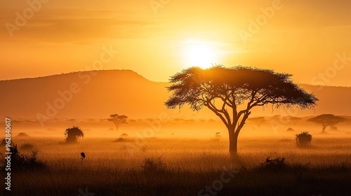 Vibrant Savanna Landscape with Diverse Wildlife and Vegetation. The scene showcases a sprawling savanna, characterized by golden grasses, scattered trees, and a distant horizon.