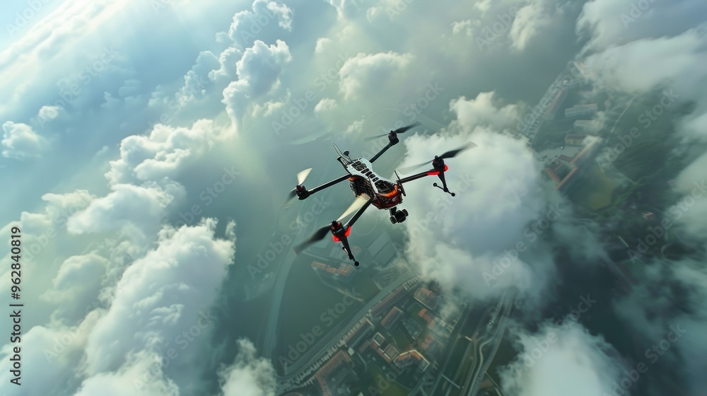 Fototapeta premium A photo of drones racing high above a cloud-covered horizon, with fluid movement and high-speed competition.