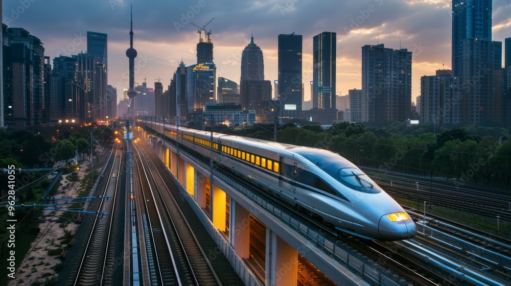 Obraz premium Photo of the high-speed rail network interface, showing the seamless integration of magnetic technology across the urban landscape.