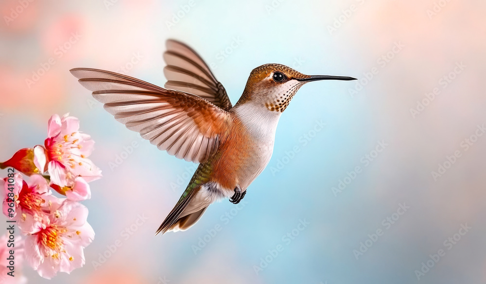 A hummingbird is flying over a pink flower. Concept of freedom and beauty, as the bird soars through the air with grace and elegance. The pink flower adds a touch of color and vibrancy to the scene A hummingbird is flying over a pink flower. Concept of freedom and beauty, as the bird soars through the air with grace and elegance. The pink flower adds a touch of color and vibrancy to the scene