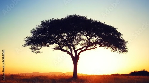 Vibrant Savanna Landscape with Diverse Wildlife and Vegetation. The scene showcases a sprawling savanna, characterized by golden grasses, scattered trees, and a distant horizon.