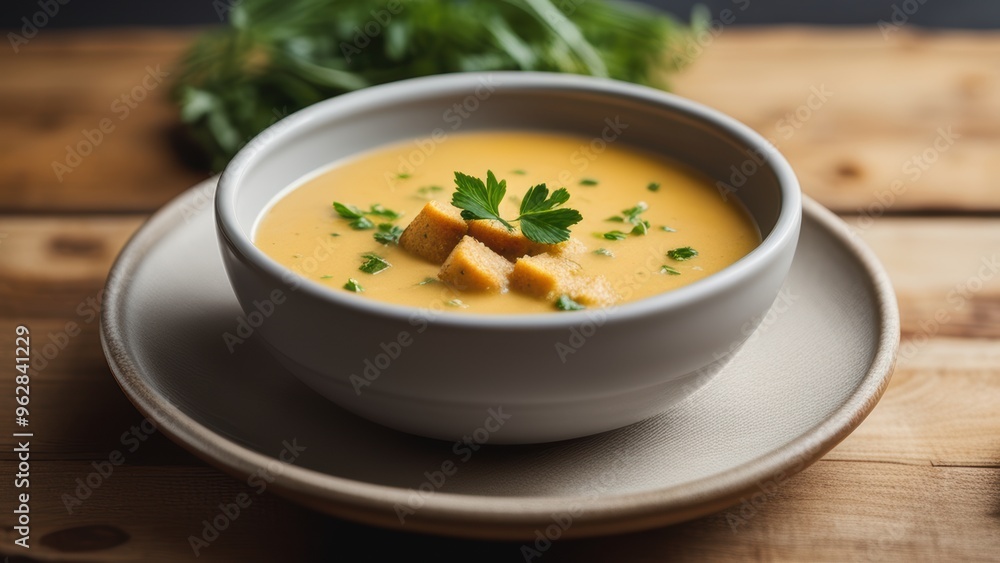 Bowl of creamy chowder with parsley garnish on a rustic kitchen table. Bowl of creamy chowder with parsley garnish on a rustic kitchen table.