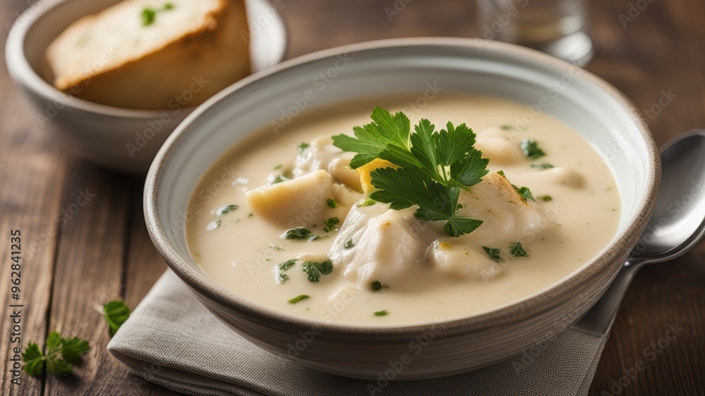 Bowl of creamy seafood soup with chopped herbs and crusty bread. Bowl of creamy seafood soup with chopped herbs and crusty bread.