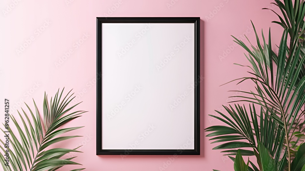Black frame with blank canvas against pink wall with green palm leaves on each side. Black frame with blank canvas against pink wall with green palm leaves on each side.