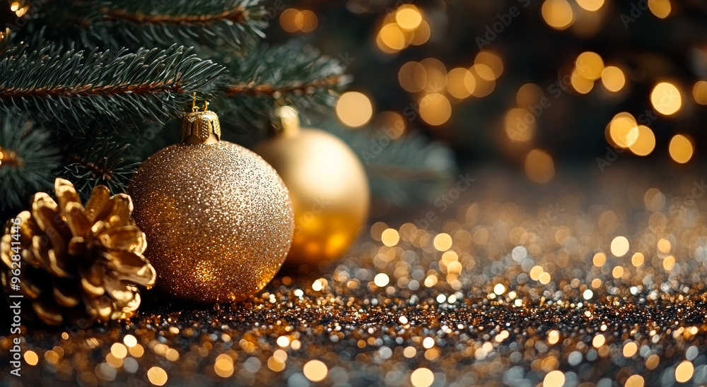 A gold ornament is sitting on a tree branch. The tree is surrounded by a lot of glitter, giving the scene a festive and celebratory mood A gold ornament is sitting on a tree branch. The tree is surrounded by a lot of glitter, giving the scene a festive and celebratory mood
