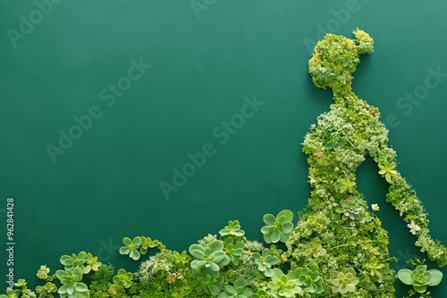 Stunning woman full body shape crafted from green flowers against lush garden backdrop. Artistic photo with copyspace. Natural and authentic setting conveys perfume concept. photo