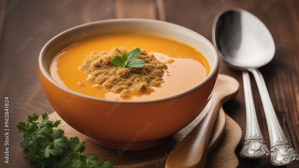 Bowl of creamy orange soup with cumin seeds surrounded by utensils on a rustic wooden surface. Bowl of creamy orange soup with cumin seeds surrounded by utensils on a rustic wooden surface.
