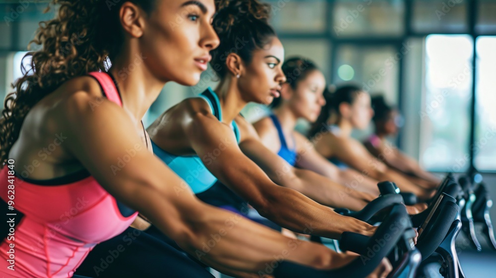 Group Fitness Class at the Gym with Women on Stationary Bikes Group Fitness Class at the Gym with Women on Stationary Bikes