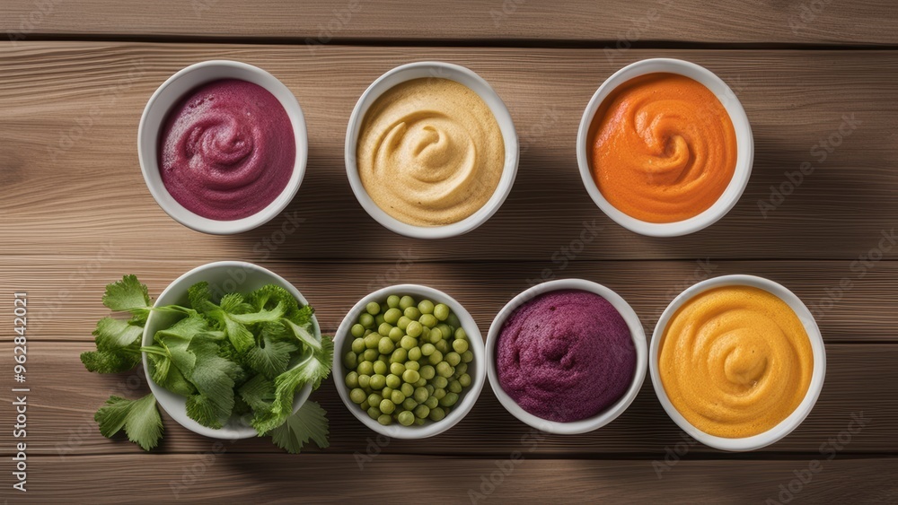 Collection of small bowls containing colorful dips surrounded by fresh herbs on a rustic wooden table. Collection of small bowls containing colorful dips surrounded by fresh herbs on a rustic wooden table.