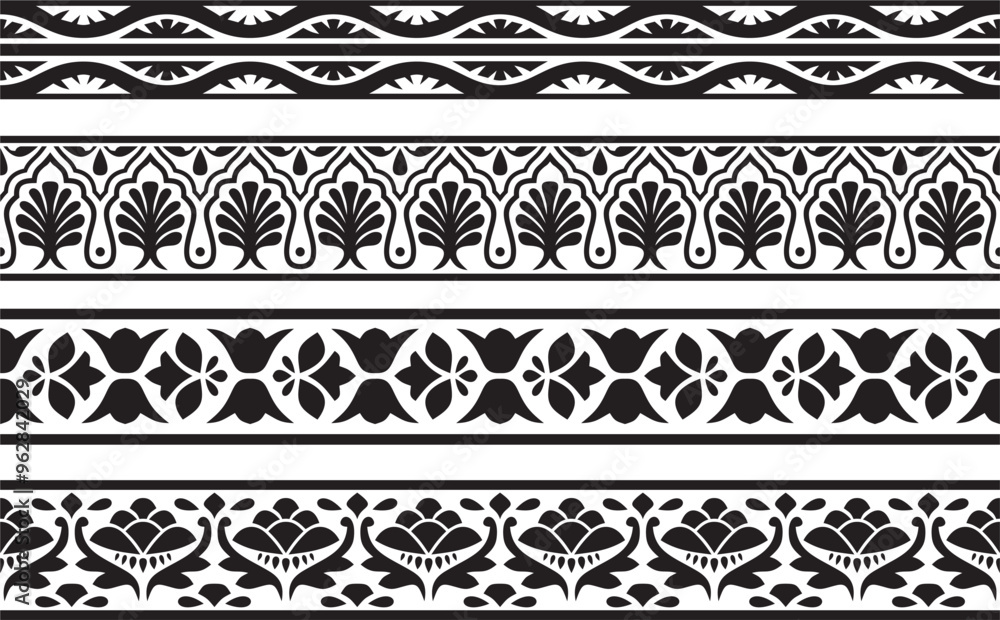 Vector set of seamless monochrome black Indian national ornament. Ethnic endless plant border. Flowers frame. Poppies and leaves Vector set of seamless monochrome black Indian national ornament. Ethnic endless plant border. Flowers frame. Poppies and leaves