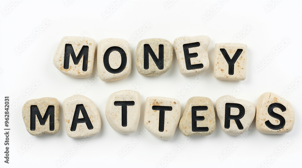 Money matters written with river rock letters on white background Money matters written with river rock letters on white background