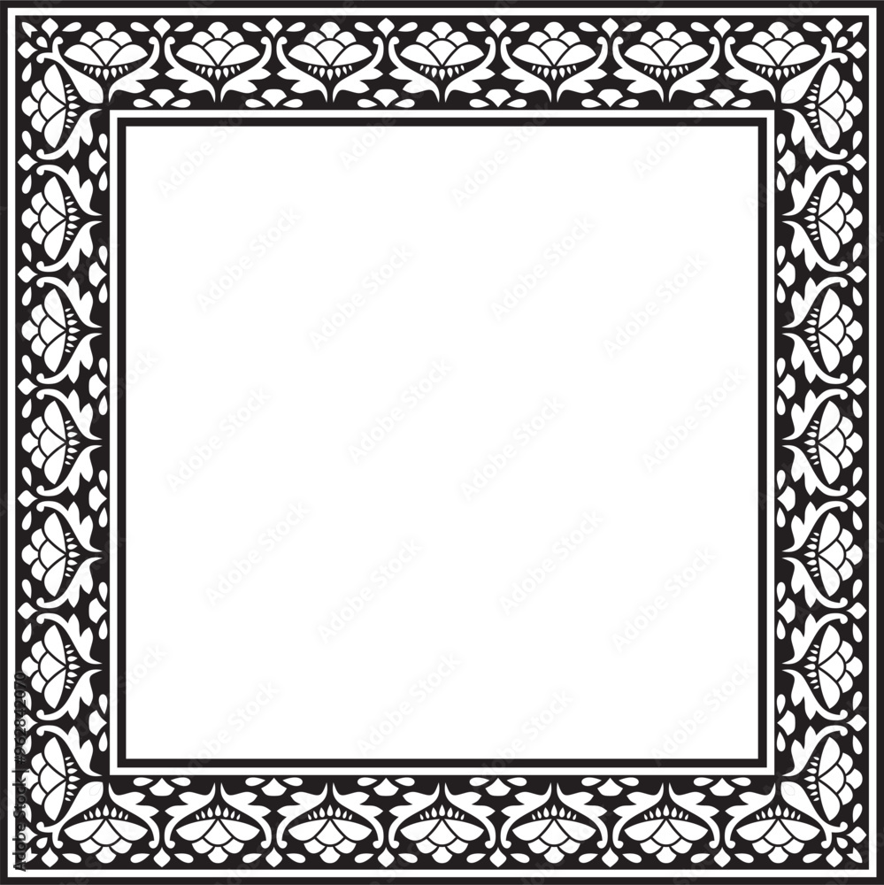 Vector black monochrome square national Indian ornament. Rectangle, border, ethnic Hindu frame Vector black monochrome square national Indian ornament. Rectangle, border, ethnic Hindu frame