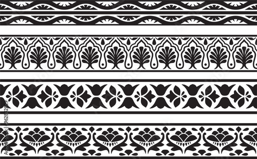 Vector set of seamless monochrome black Indian national ornament. Ethnic endless plant border. Flowers frame. Poppies and leaves