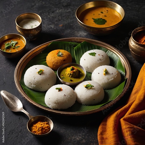 Indian Breakfast , idli with sambhar and indian tea ,morning style breakfast , indian idli ,idli with chuney photo