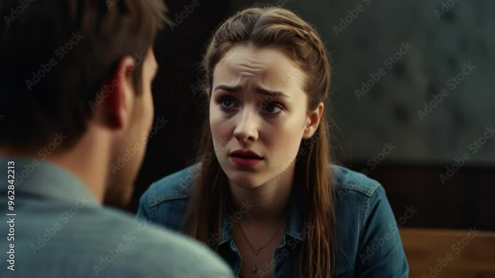 Young couple after an argument, woman with sad eyes looking at his man while he's explaining himself, girl with disbelief in eyes in room generative AI Young couple after an argument, woman with sad eyes looking at his man while he's explaining himself, girl with disbelief in eyes in room generative AI