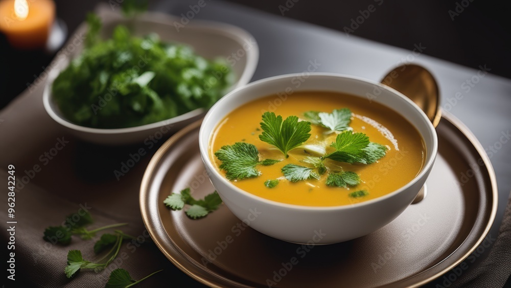 Bowl of creamy yellow soup garnished with cilantro lime on a small plate. Bowl of creamy yellow soup garnished with cilantro lime on a small plate.