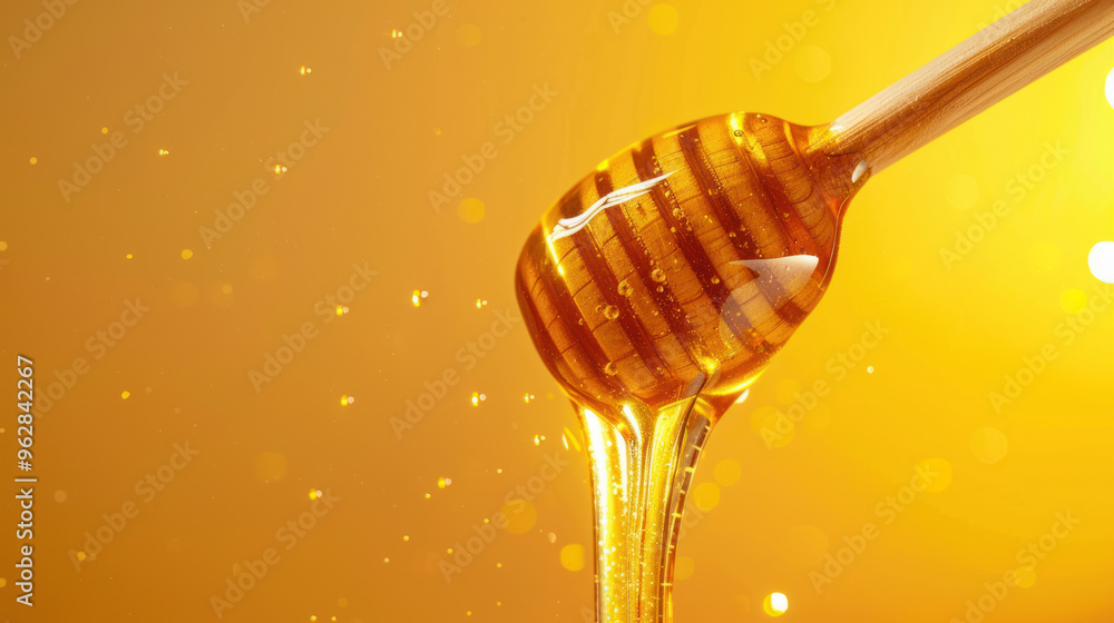 Honey dipper with honey on orange yellow background. Close-up studio shot with copy space left Honey dipper with honey on orange yellow background. Close-up studio shot with copy space left