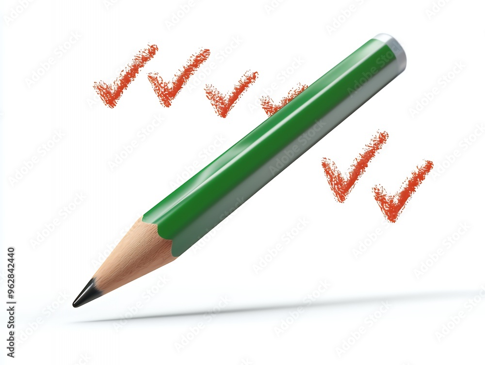 Green pencil with a sharp point laying down next to three check marks drawn in orange.